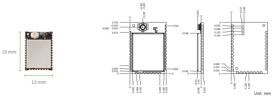 機械図面 - Digi XBee® XR 868 RFモジュール
